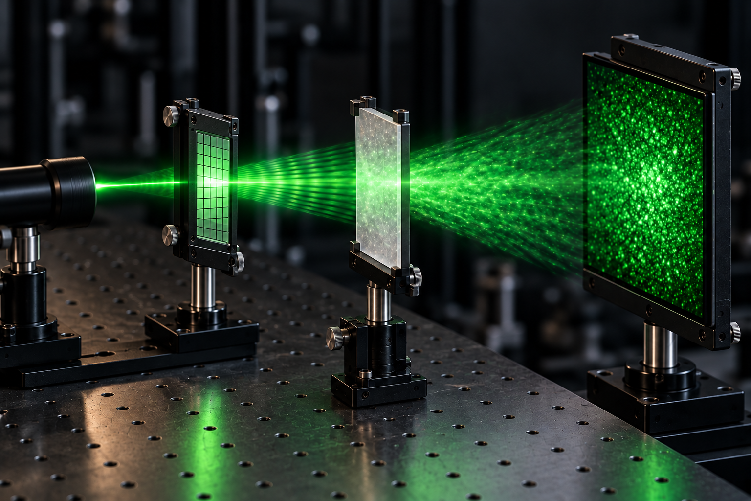 Concept illustration of green light passing through an aligned transmission spatial light modulator and scattering plate to a speckle readout screen.