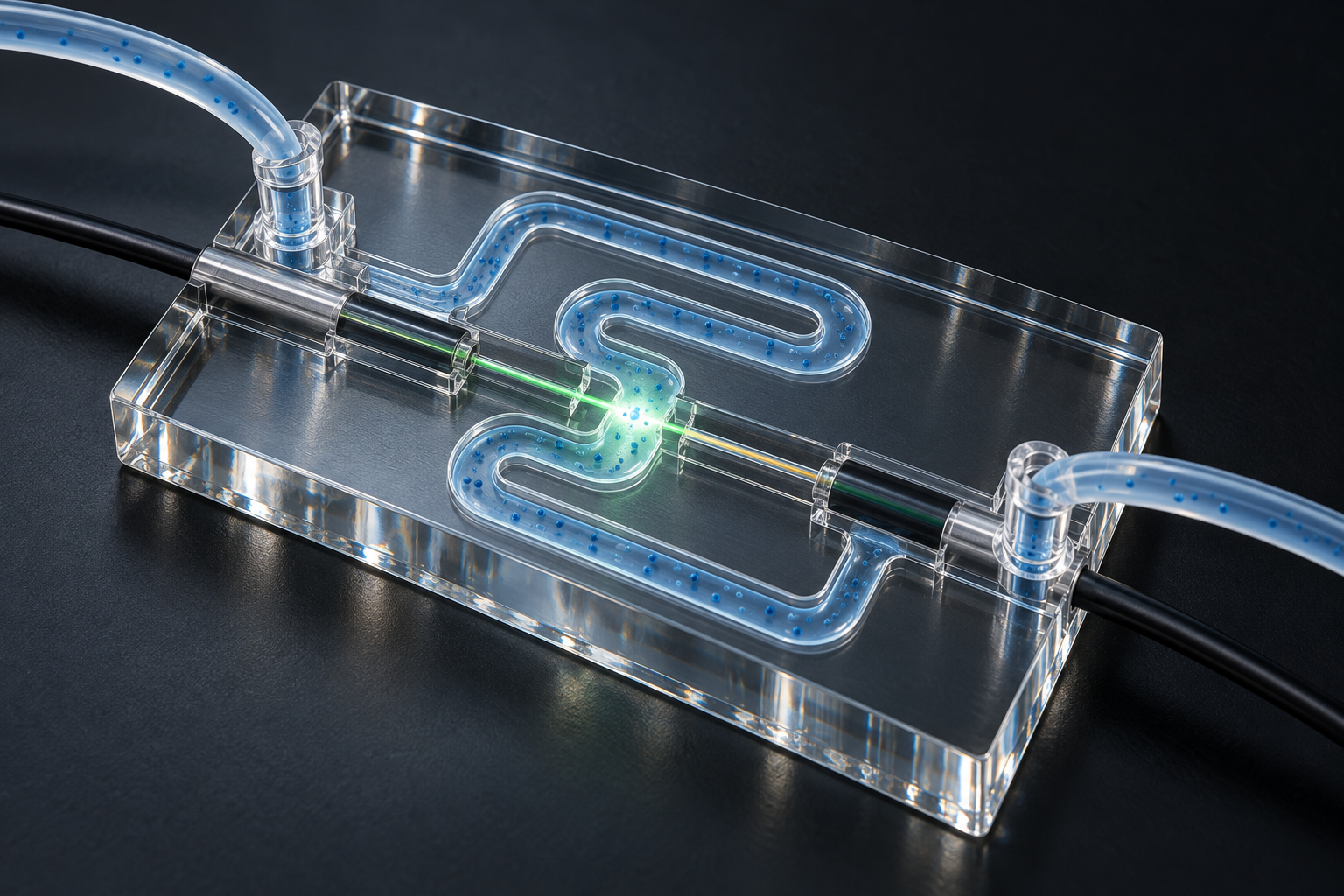 Three-dimensional concept of an optofluidic lab-on-a-chip with microfluidic channels and optical fibre input and readout.