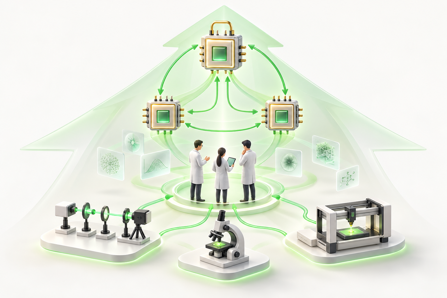 Text-free concept illustration of a connected ecosystem linking AI models, people and laboratory instruments.